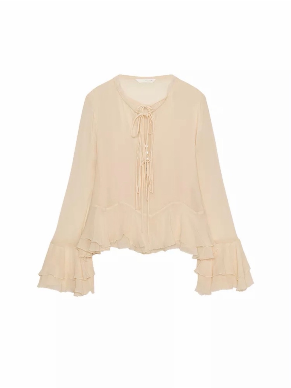 Zara Cream Tie-Neck Ruffle Hem Blouse